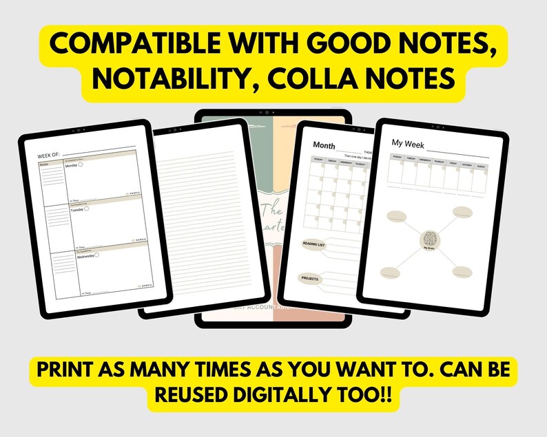 Quarterly planner, 3 months planner 2023, accountability digital printable, Colla notes, Notability mind maps A4 US letter for family, kids